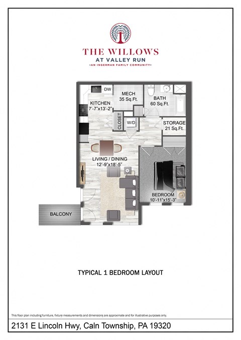 Floor plan for 1 bed, 1 bath, 718 sqft